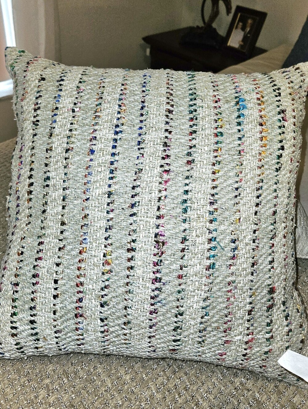 Neutral Woven Accent Pillow with Multicolor Thread
